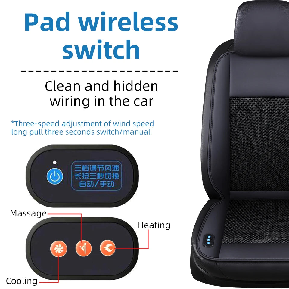 Close-up view of a black car seat cushion featuring wireless switch controls for massage, heating, and cooling functions