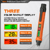 An orange digital brake fluid tester with a three-color backlight display showing various fluid levels.