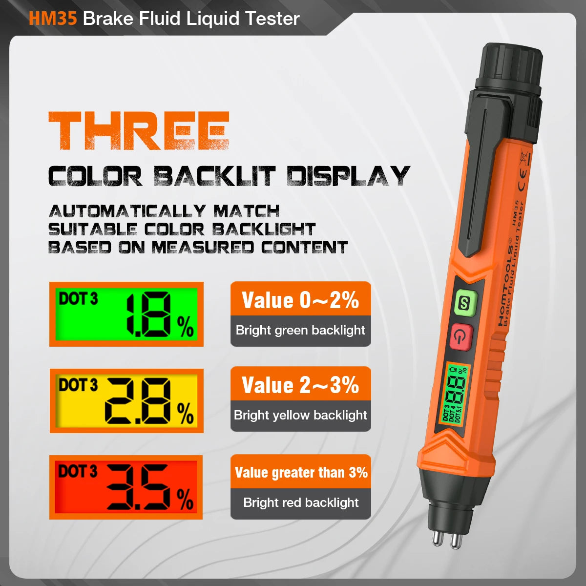 An orange digital brake fluid tester with a three-color backlight display showing various fluid levels.