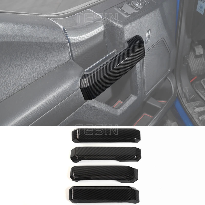 Black carbon fiber grain trim cover for Ford F-150 center console.