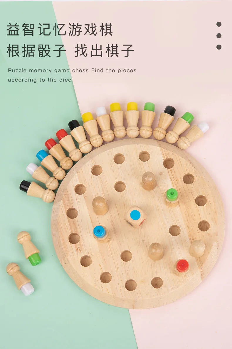 A wooden memory chess game featuring numerous wooden pieces arranged in a circular board.