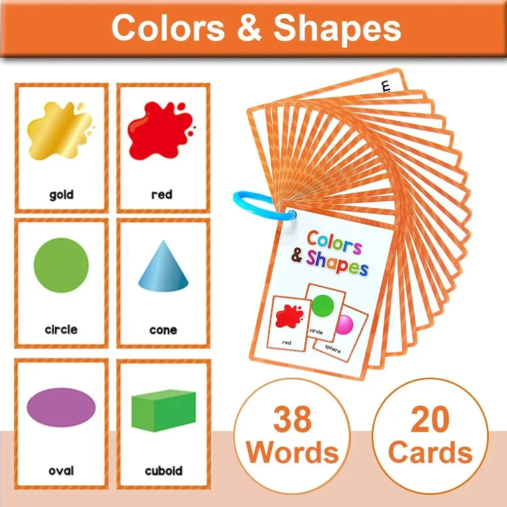 A set of 20 colored and shaped flash cards for learning English vocabulary words