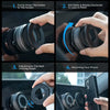 Installation steps for a strong magnetic car phone holder showing how to firmly press, rotate, and mount the device.