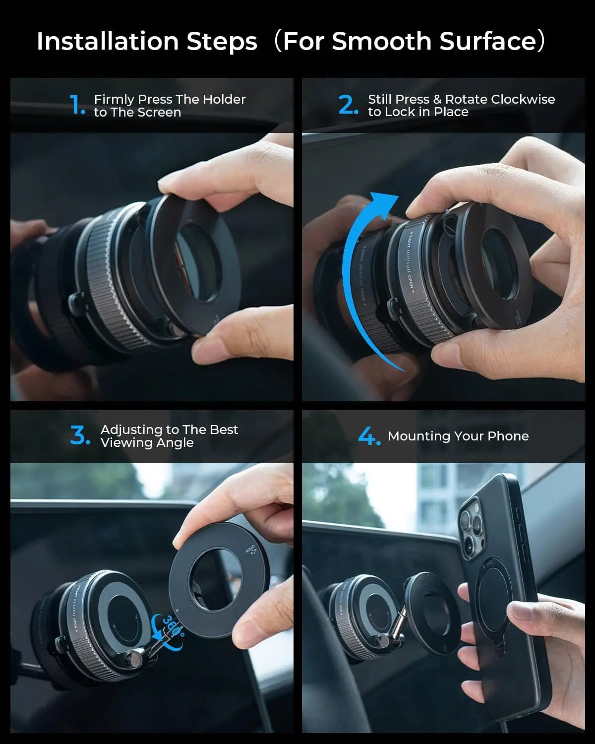 Installation steps for a strong magnetic car phone holder showing how to firmly press, rotate, and mount the device.