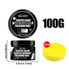 A black plastic clean scratch remover polishing wax product with a yellow foam applicator.