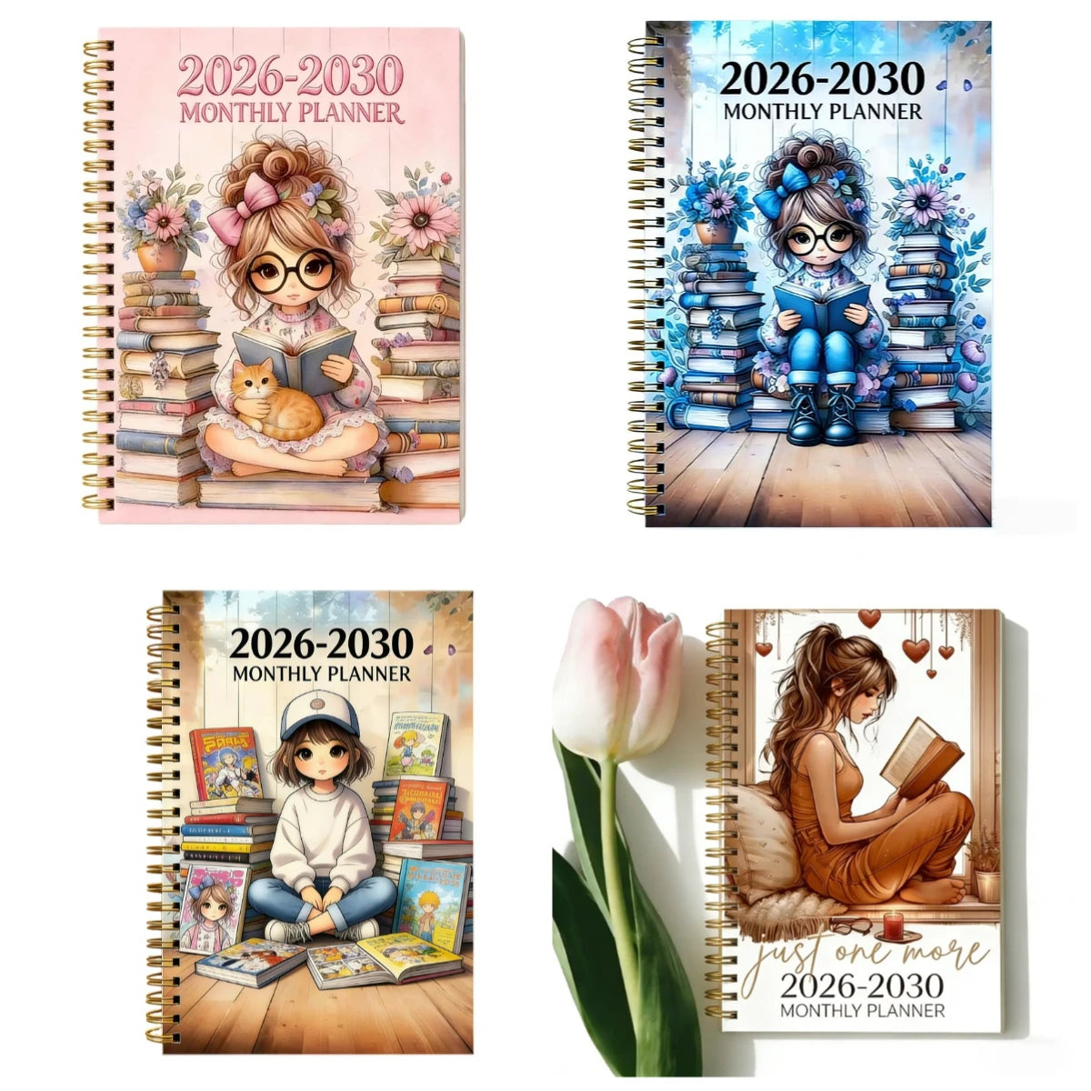 5-Year Monthly Planner with Reading-Themed Cover, Lay-Flat Spiral Binding
