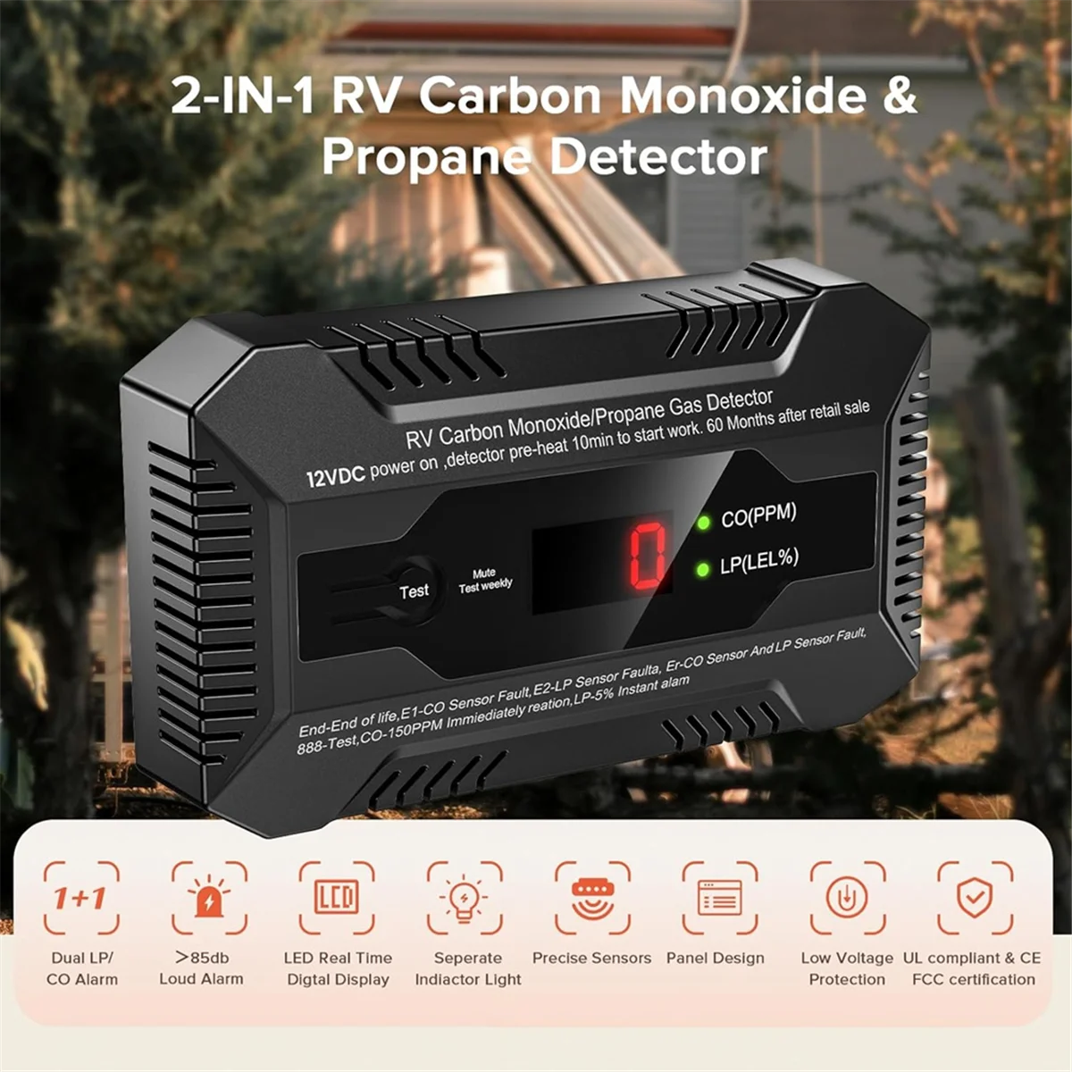 Black 2-in-1 RV Carbon Monoxide and Propane Gas Detector with LED display features