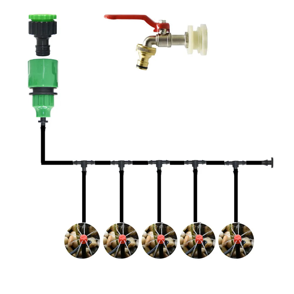 A set of DIY drip irrigation kit components including a red valve, tubing, and multiple adjustable drippers.