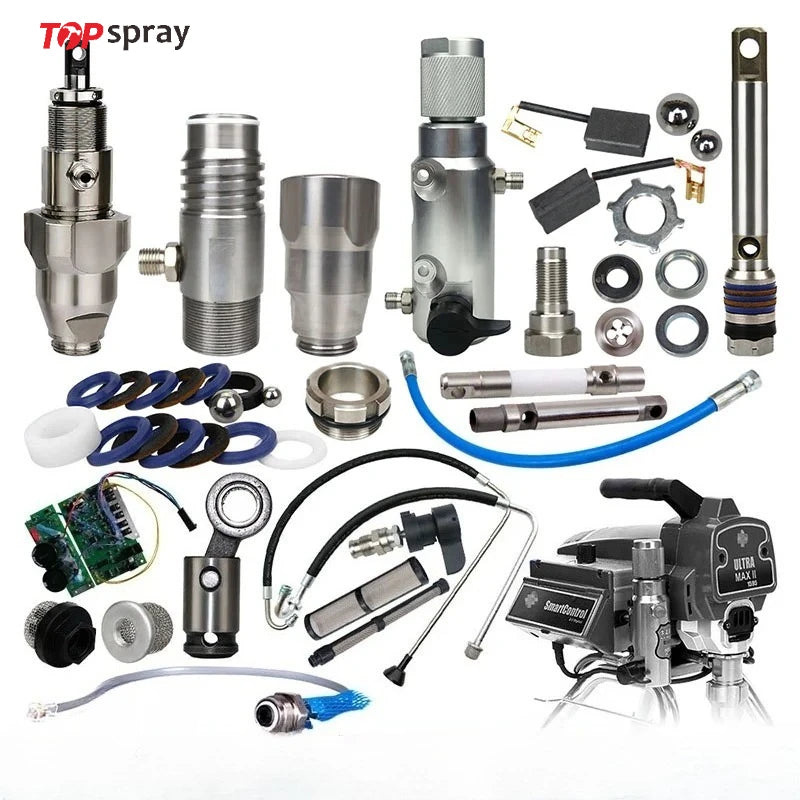 Airless sprayer pump plunger rod and valve repair kit with various components and tools