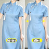 Before and after comparison of vintage bowknot rhinestone clothing clips on a light blue dress