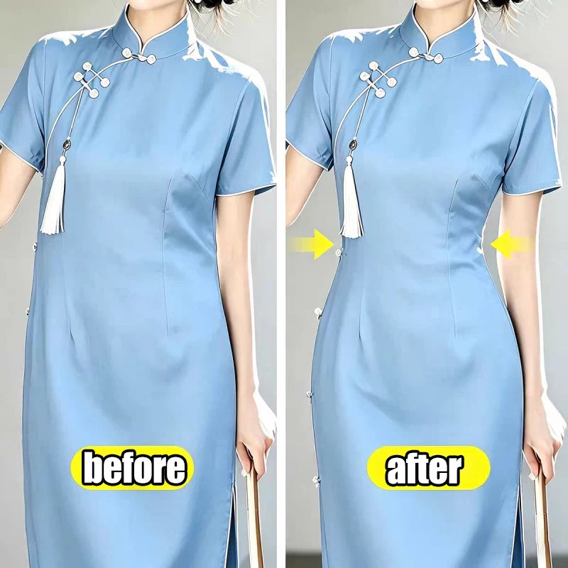 Before and after comparison of vintage bowknot rhinestone clothing clips on a light blue dress