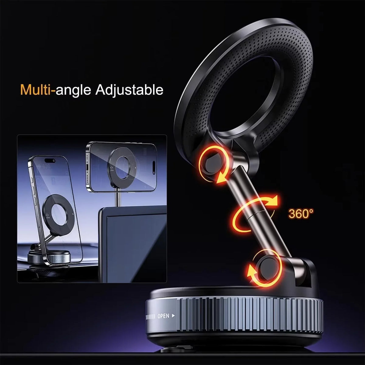 A black magnetic car phone mount with a multi-angle adjustable design and 360 degree rotation feature.