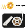 A warm light LED strip bulb and its corresponding motion sensor and power cord.