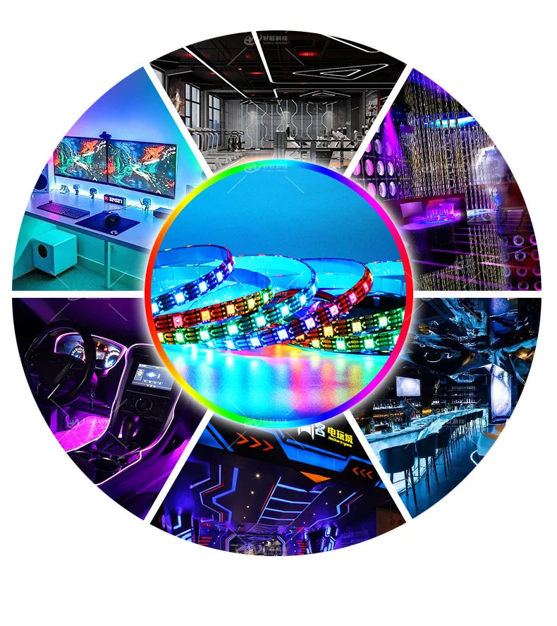 A circular collage showing various applications and displays of individually addressable RGB LED strip lights.