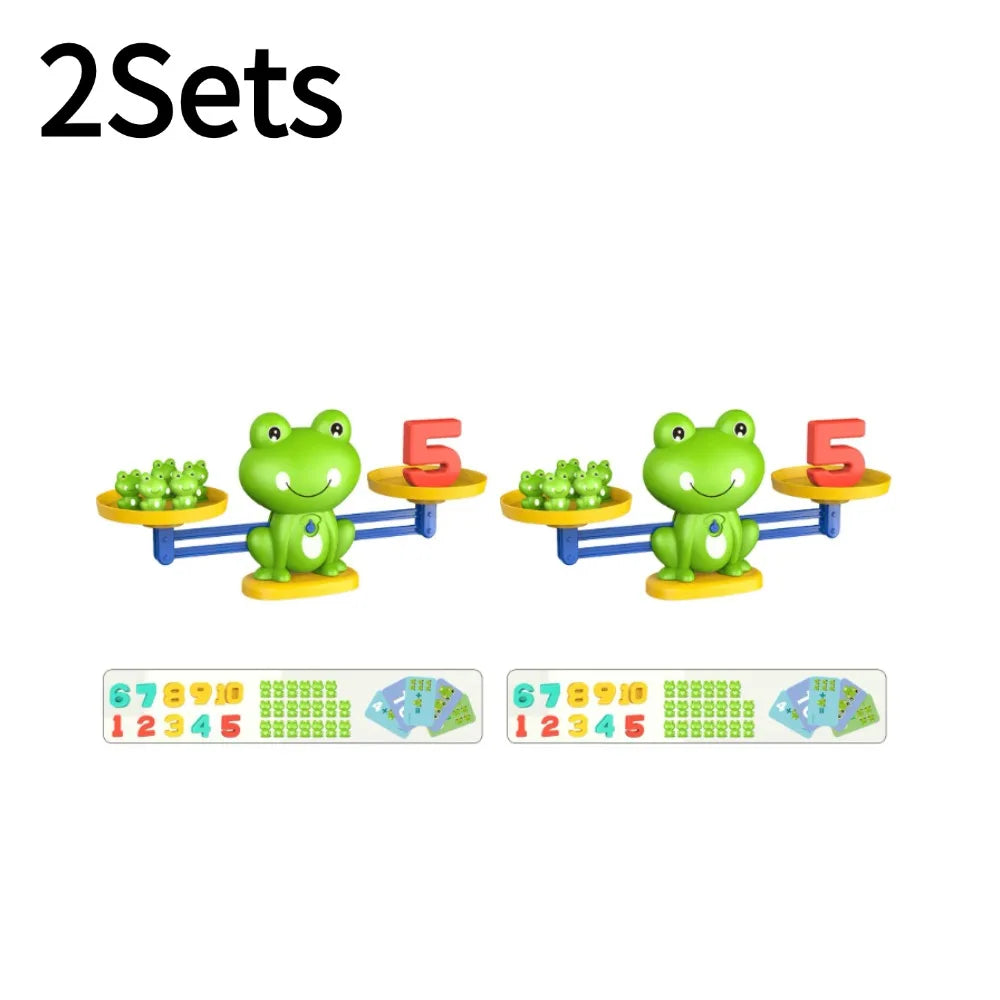 Two green frog balance math learning toys with number cards for kids