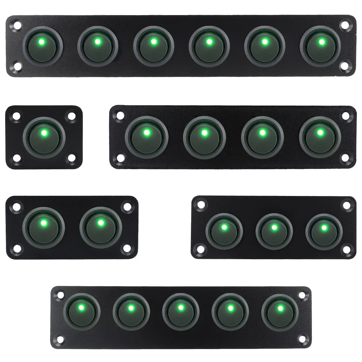 Black circular joystick switch panel with green LED toggle switches