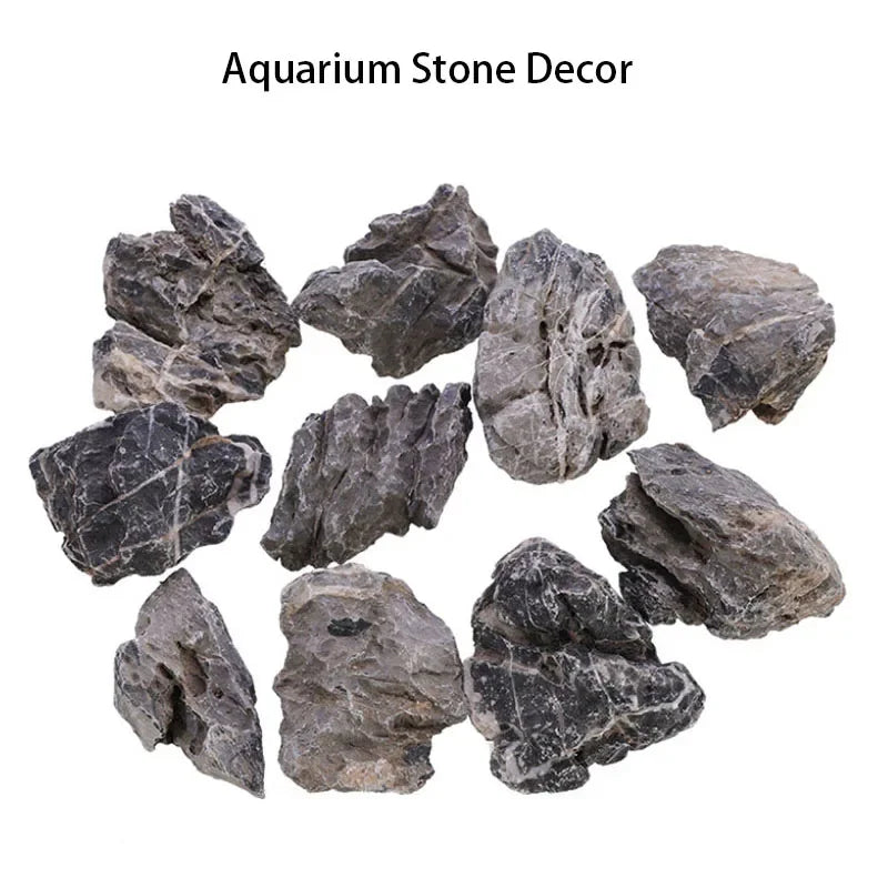 A collection of natural grey aquarium stones used for aquascaping and fish tank decoration.