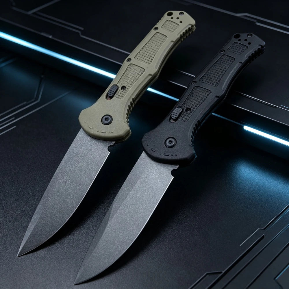 A pair of folding pocket knives with D2 steel blades and anti-slip handles resting on a dark surface.