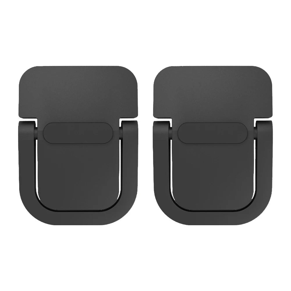 A pair of black aluminum portable laptop stands with adjustable legs.