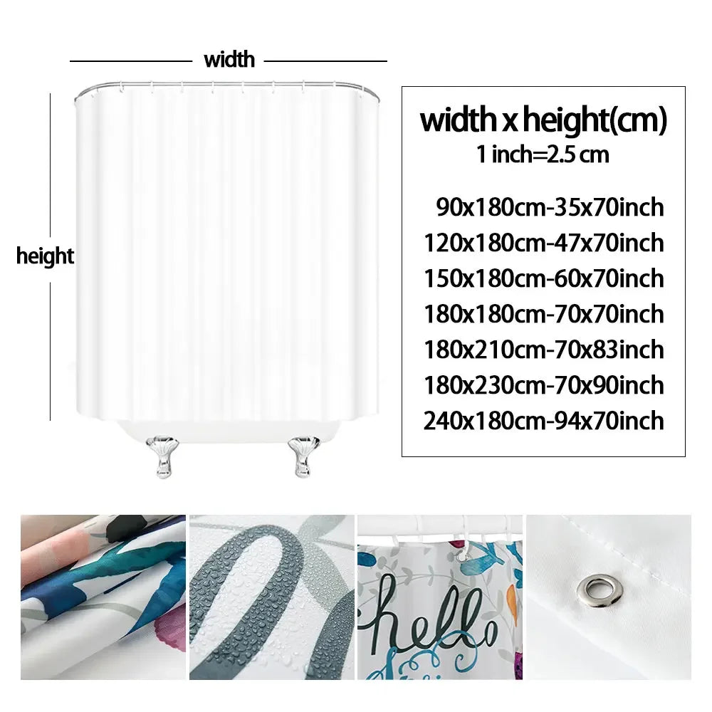 White shower curtain with vertical pleats and black and white geometric fabric pattern
