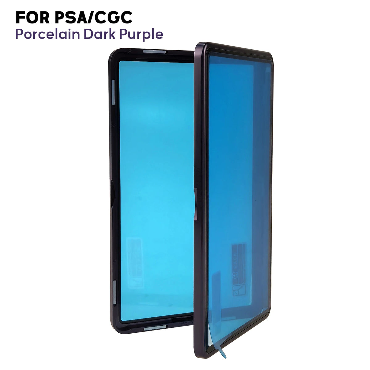 A dark purple porcelain display case for trading cards, shown in a vertical orientation.
