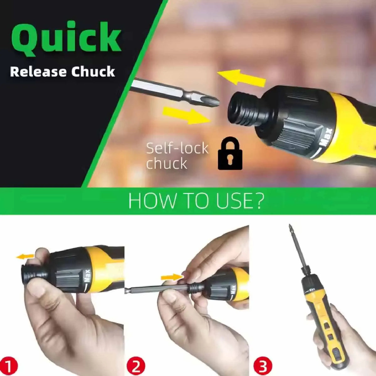 Demonstration showing how to use a Quick Release Chuck self-lock chuck on a cordless electric screwdriver.