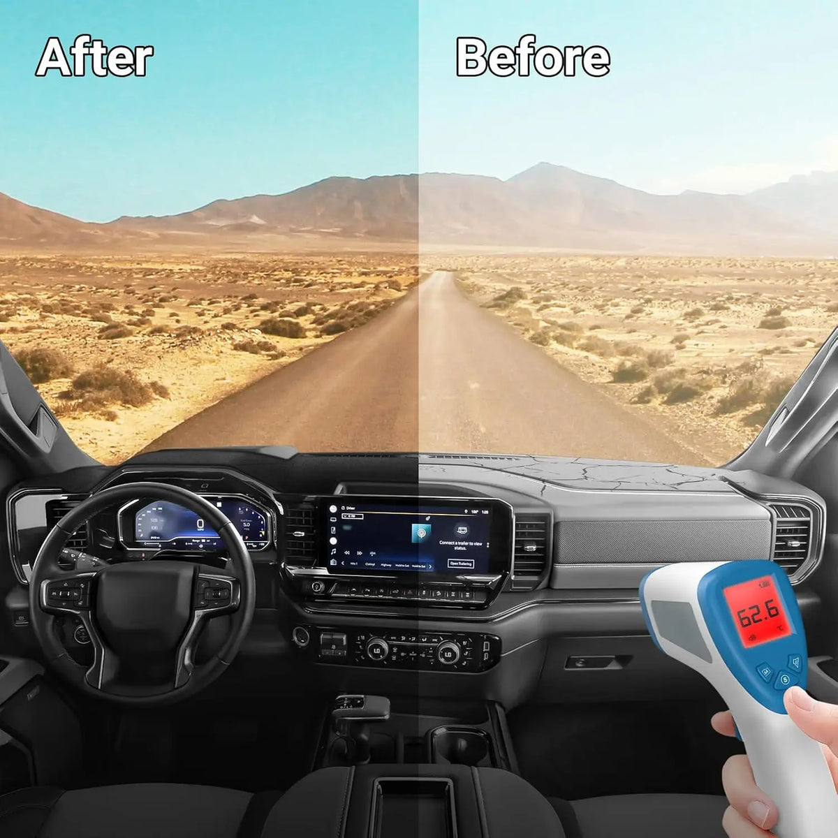Before and after comparison of a custom fit dash cover mat for Chevy Silverado and GMC Sierra vehicles.