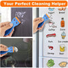 A plastic razor scraper tool is shown cleaning various food items like yogurt, bread, coffee, juice, pork, shrimp, and beer f