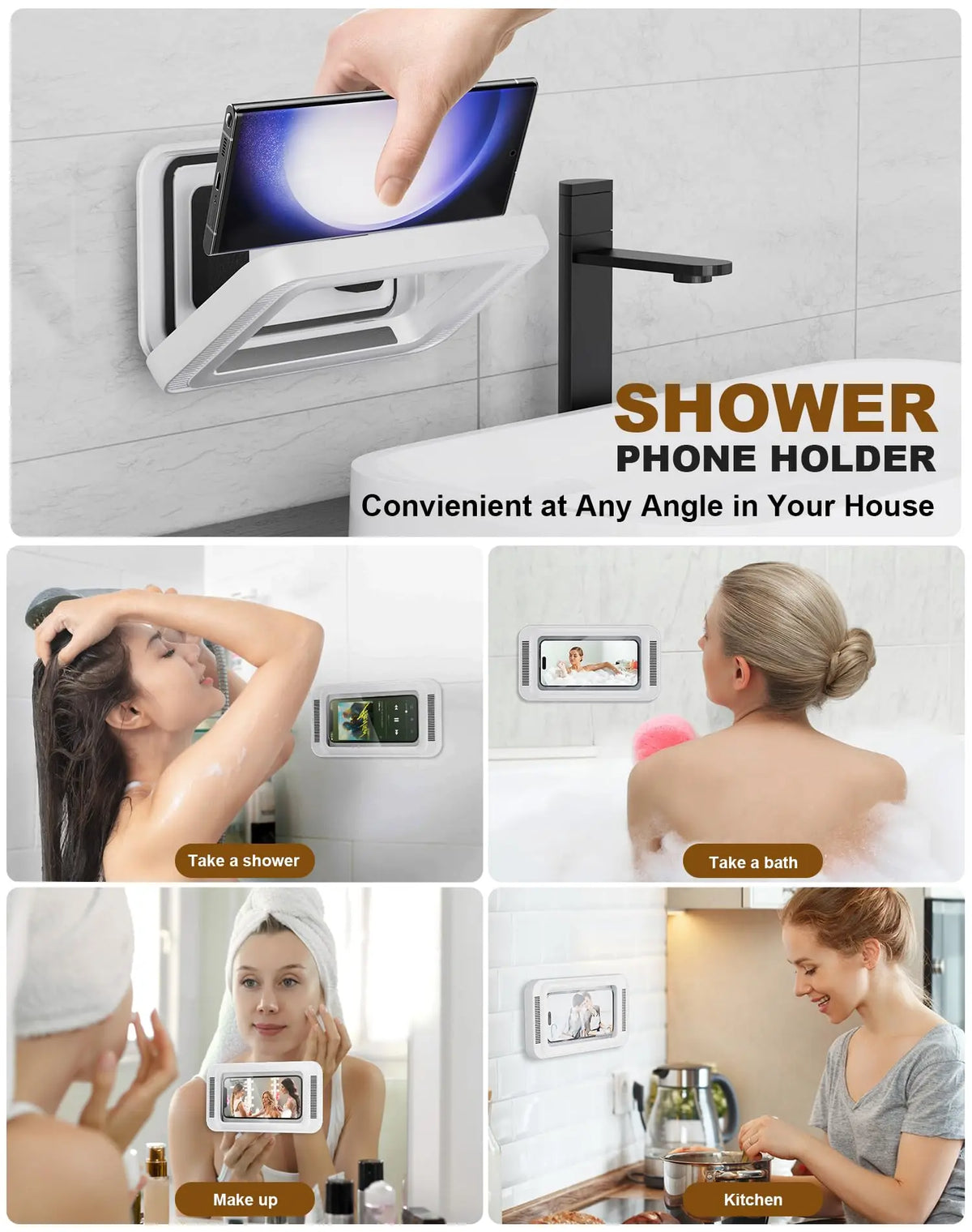 A shower phone holder is shown mounted on a wall, demonstrating its convenience for taking a shower or bath.