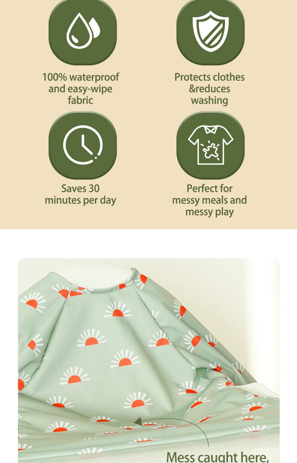 Snap Button Waterproof Baby Feeding Bib with Long Sleeves