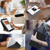 Various images showing a foldable clear iPad case with auto wake/sleep features being used by people.