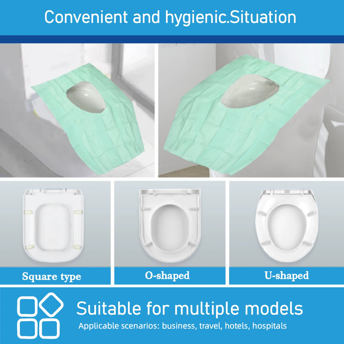 Three types of disposable toilet seat covers in square, O-shaped, and U-shaped designs.