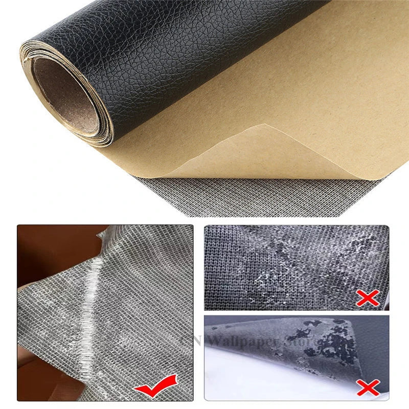 Roll of self-adhesive leather repair patches showing various textures and applications