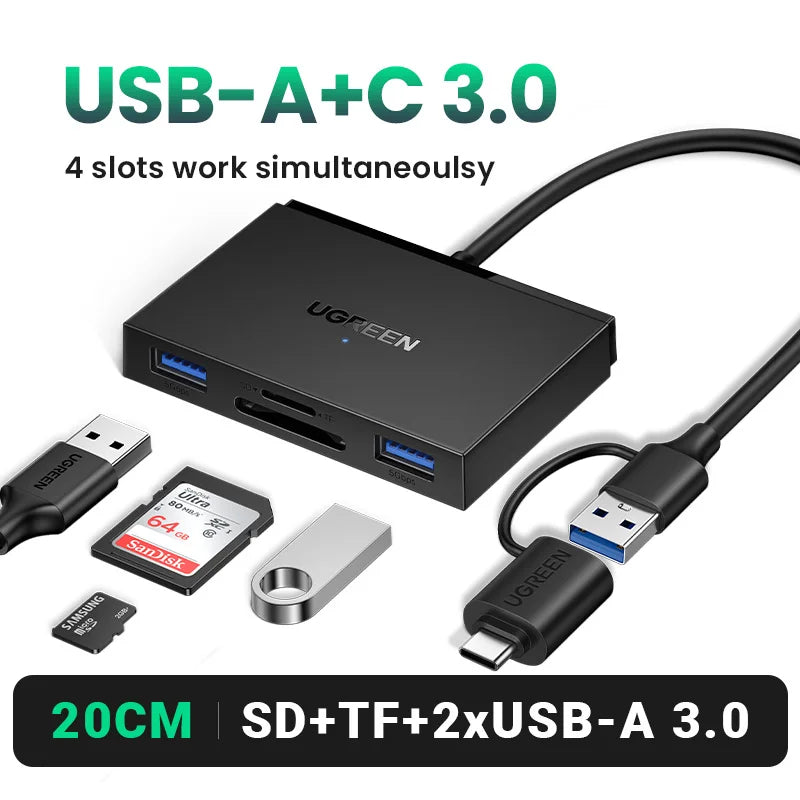 4-in-1 USB 3.0 Card Reader with USB-C Adapter