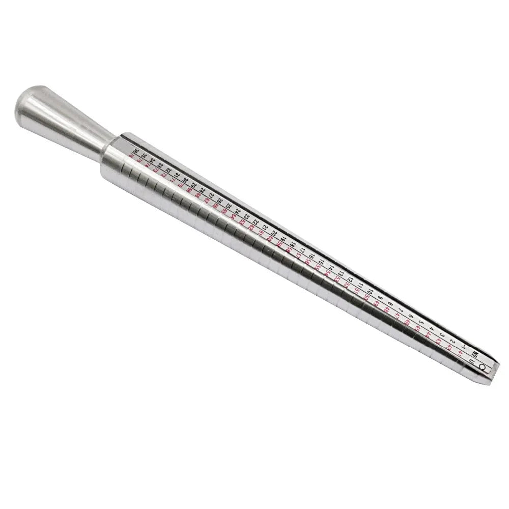 A silver metal ring sizing gauge with a graduated scale and a pointed tip.