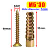 M5x30 heavy duty steel wall anchor kit showing a 40mm long threaded bolt and a 30mm cylindrical piece.