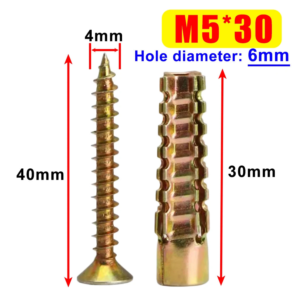 M5x30 heavy duty steel wall anchor kit showing a 40mm long threaded bolt and a 30mm cylindrical piece.