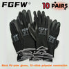Ten pairs of black PU-palm gloves with 13-stitch polyester construction displayed on a white background.
