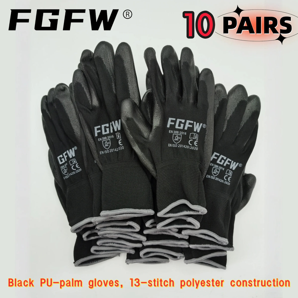 Ten pairs of black PU-palm gloves with 13-stitch polyester construction displayed on a white background.