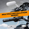 Close-up of a motorcycle handlebar with multiple installation modes for universal chrome black side mirrors.
