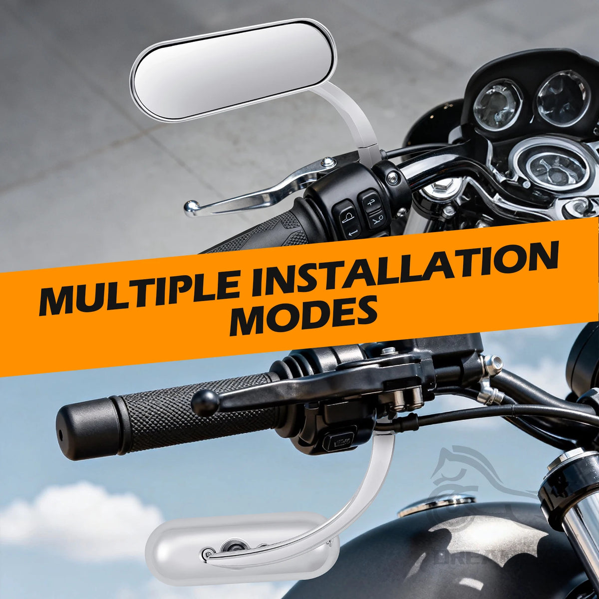Close-up of a motorcycle handlebar with multiple installation modes for universal chrome black side mirrors.