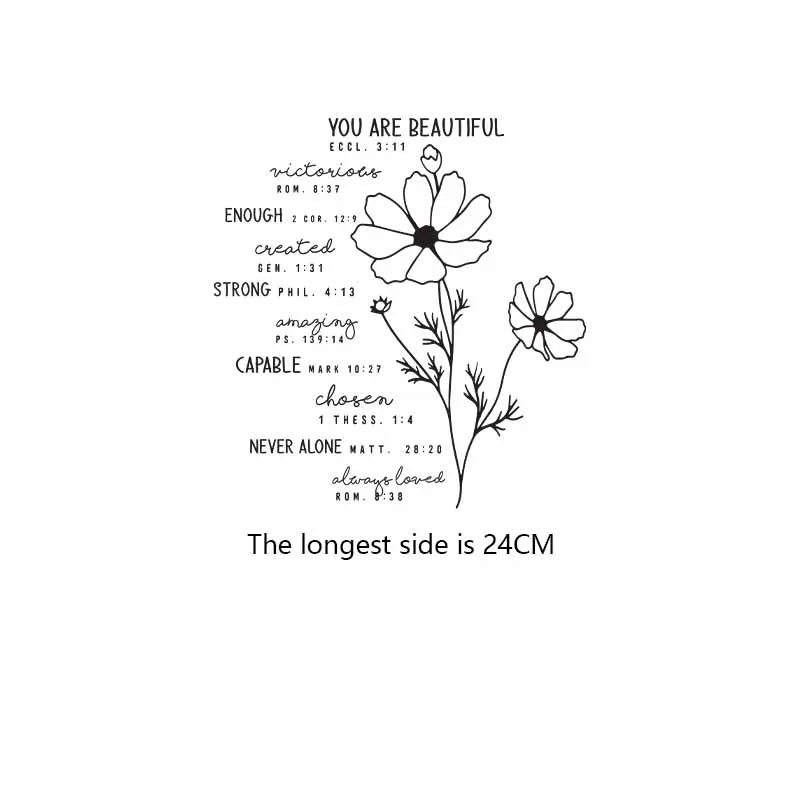 A black line drawing of a flower with Bible verses written around it on a white background.