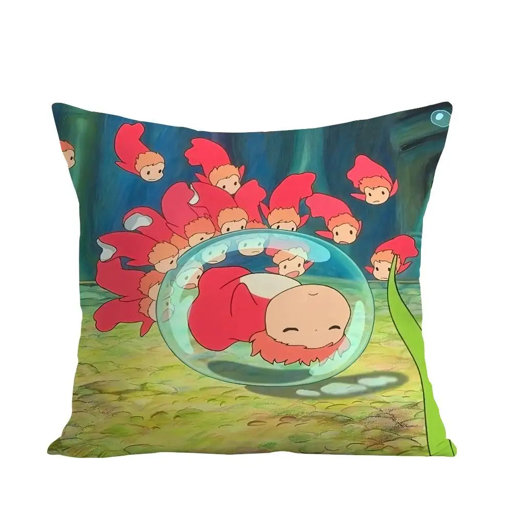 A cartoon illustration of a small, smiling fish surrounded by larger, reddish-orange fish on a green background.