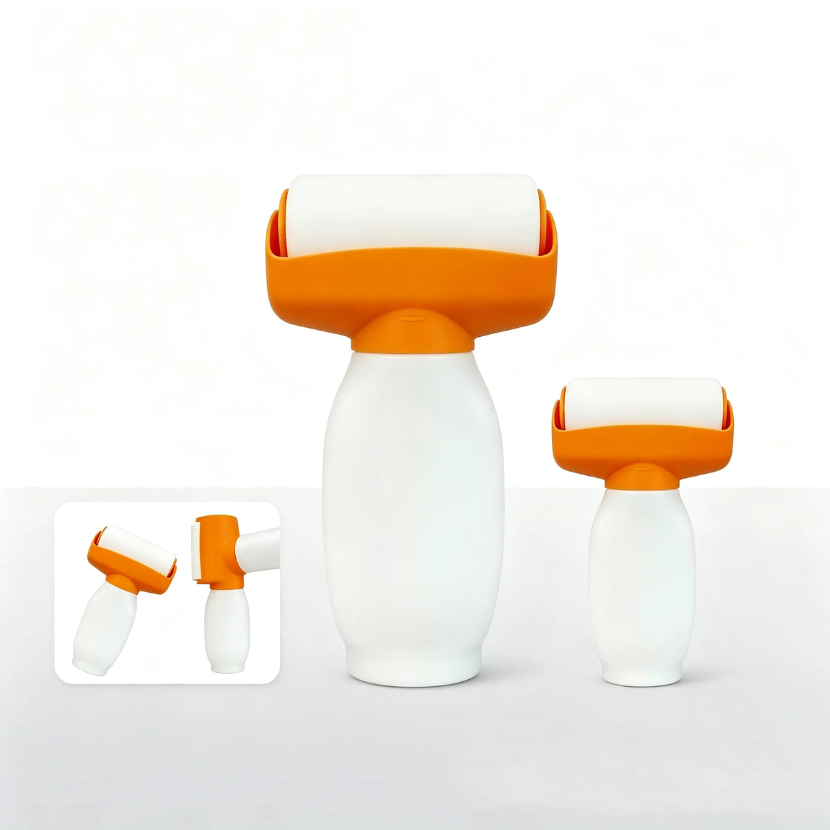 An orange wall paint repair roller with a white refillable bottle and roller head shown on a white background.