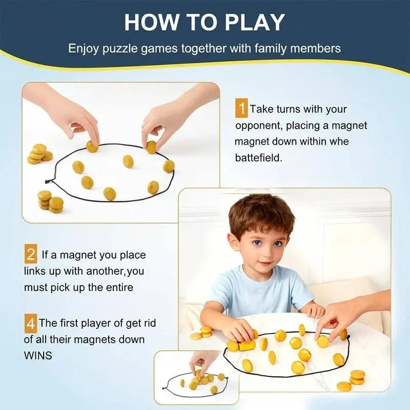 Instructions for playing a magnetic stones game showing how to take turns and win