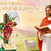 Jesus cross flower building set featuring a wooden cross adorned with red and yellow flowers, next to a man holding an open b