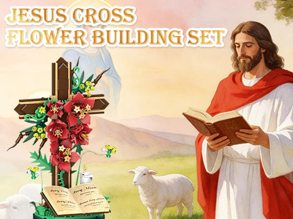 Jesus cross flower building set featuring a wooden cross adorned with red and yellow flowers, next to a man holding an open b