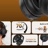 Black Bluetooth headphones shown with features like lightweight design, built-in microphone, and USB-C charging capability.