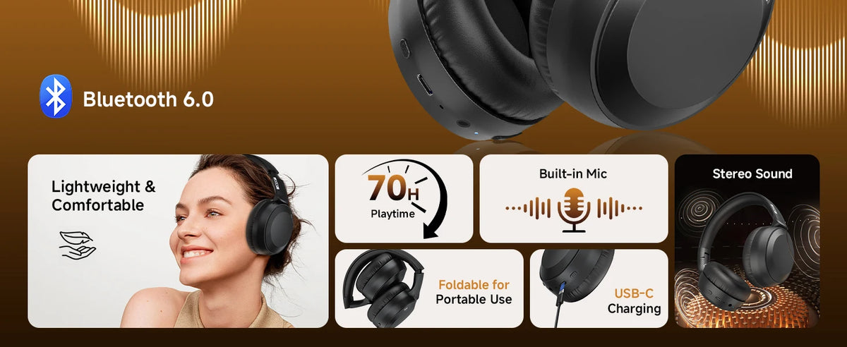 Black Bluetooth headphones shown with features like lightweight design, built-in microphone, and USB-C charging capability.