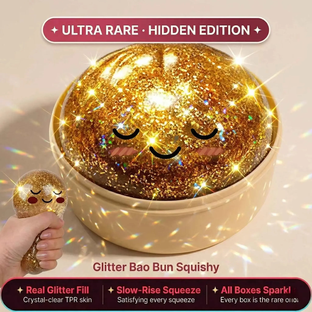 Juguete squishy brillante dorado con forma de cara, mostrado en un tazón claro.